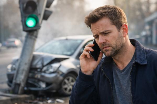 Automašīna pēc ceļu satiksmes negadījuma ietriekusies luksofora stabā, vadītājs stāv priekšplānā un zvana pa telefonu