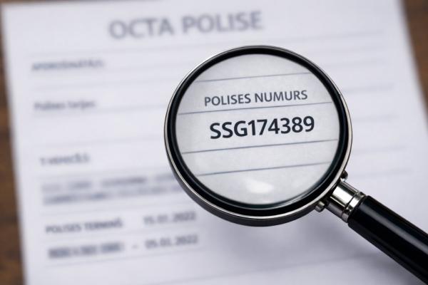 CTA polises numurs palielinājumā caur lupu uz apdrošināšanas līguma fona