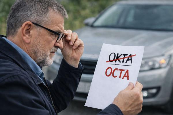 Vīrietis ar brillēm skatās uz lapu ar uzrakstu OKTA, kas pārsvītrots un izlabots uz OCTA, fonā automašīna