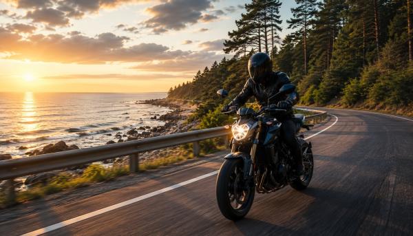 Motorcycle Insurance in Latvia – Rider on Coastal Road at Sunset