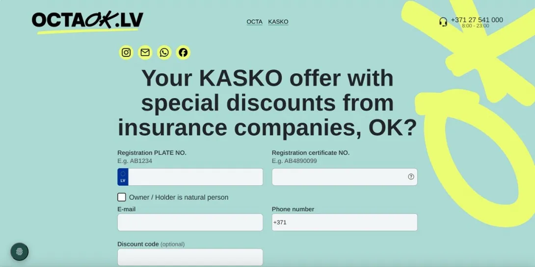 Laptop showing CASCO insurance offer request form in Latvia with car insurance comparison concept
