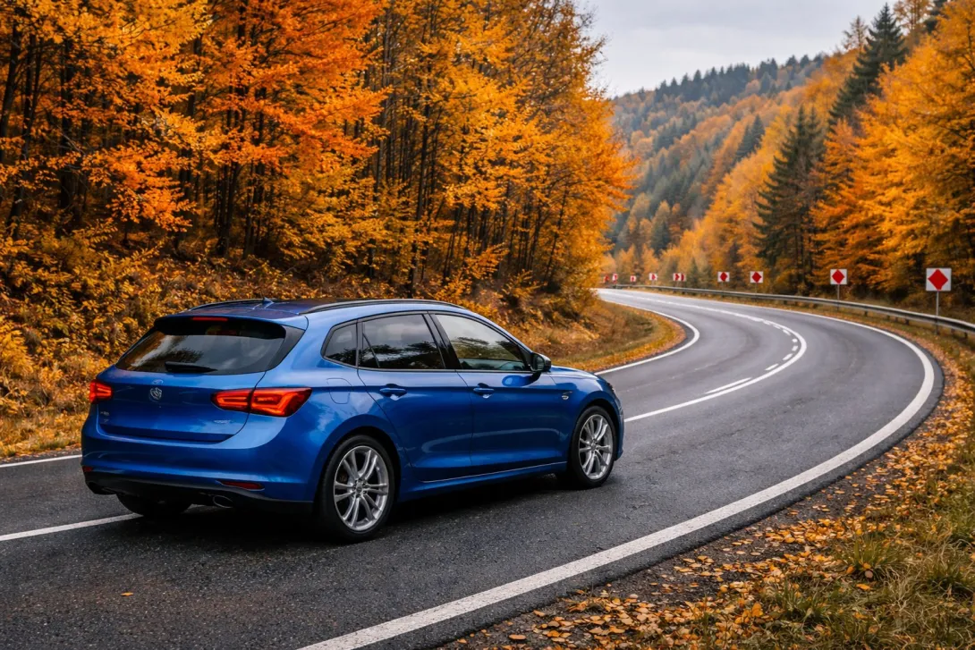 Zila automašīna uz ceļa