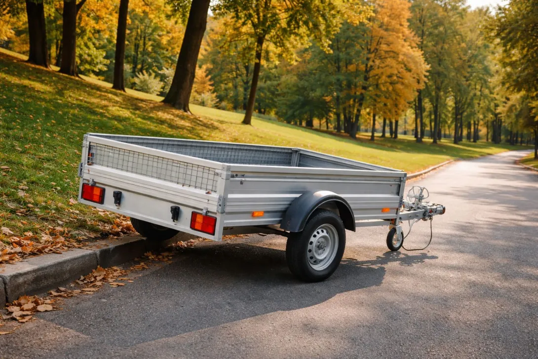 piekabe novietota uz slīpas ielas pie parka bez pievienota automobiļa