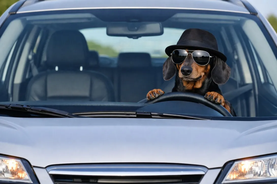 Taksis ar saulesbrillēm un cepuri sēž pie automašīnas stūres, skatā no priekšpuses, OCTA bloga ilustrācija