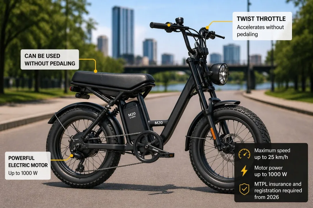 Self-propelled electric bicycle with throttle and motor up to 1000W, illustrating MTPL insurance and registration requirements in Latvia from 2026