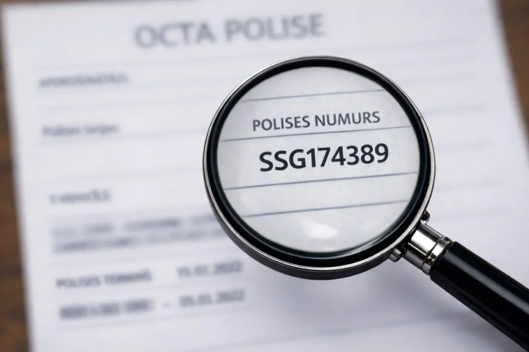 CTA polises numurs palielinājumā caur lupu uz apdrošināšanas līguma fona