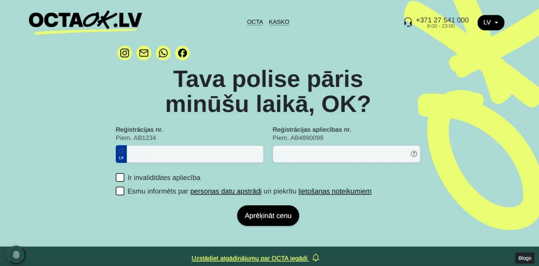 OCTA kalkulatora attēls aprēķināšanai bez tehniskās pases