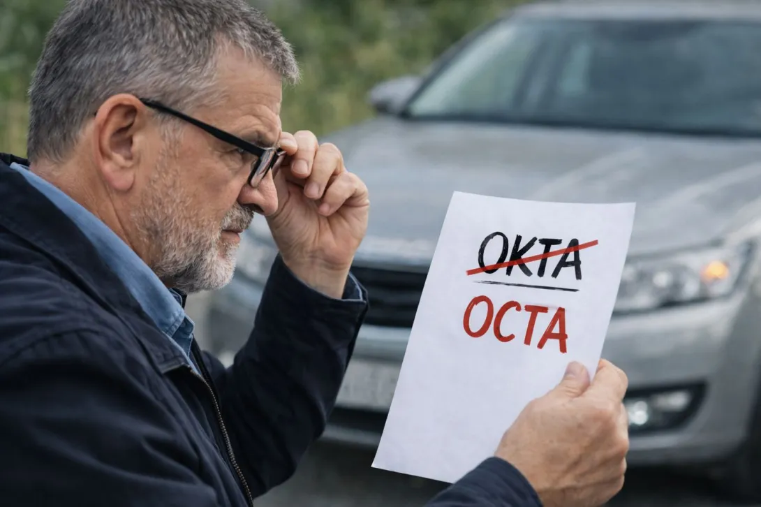 Vīrietis ar brillēm skatās uz lapu ar uzrakstu OKTA, kas pārsvītrots un izlabots uz OCTA, fonā automašīna