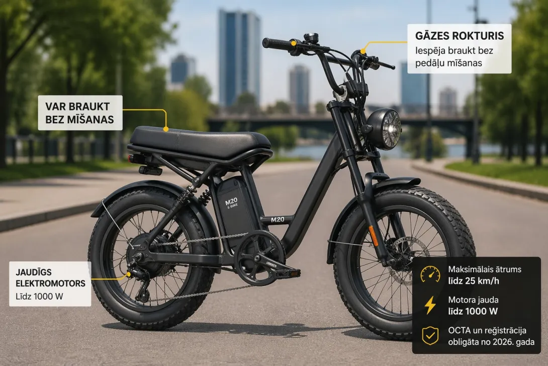 Pašgājējs velosipēds ar elektromotoru un gāzes rokturi pilsētvidē