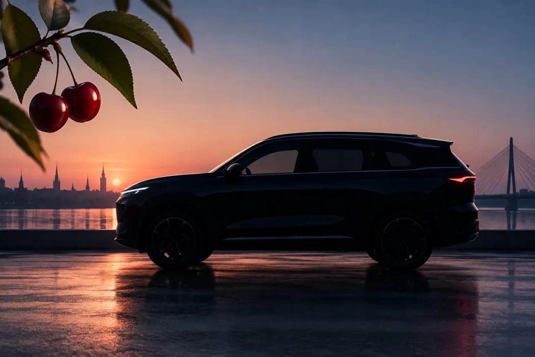 Tumšas SUV automašīnas siluets ar ķiršiem – Chery Tiggo KASKO apdrošināšana Latvijā